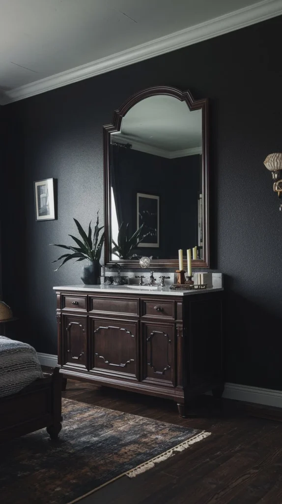 Dark wood vanity, elegant dressing table, vintage-inspired furniture, bedroom makeup station, sophisticated storage piece, mirror-topped vanity, classic bedroom furniture, glamorous getting-ready spot, stylish bedroom accent, luxurious vanity design