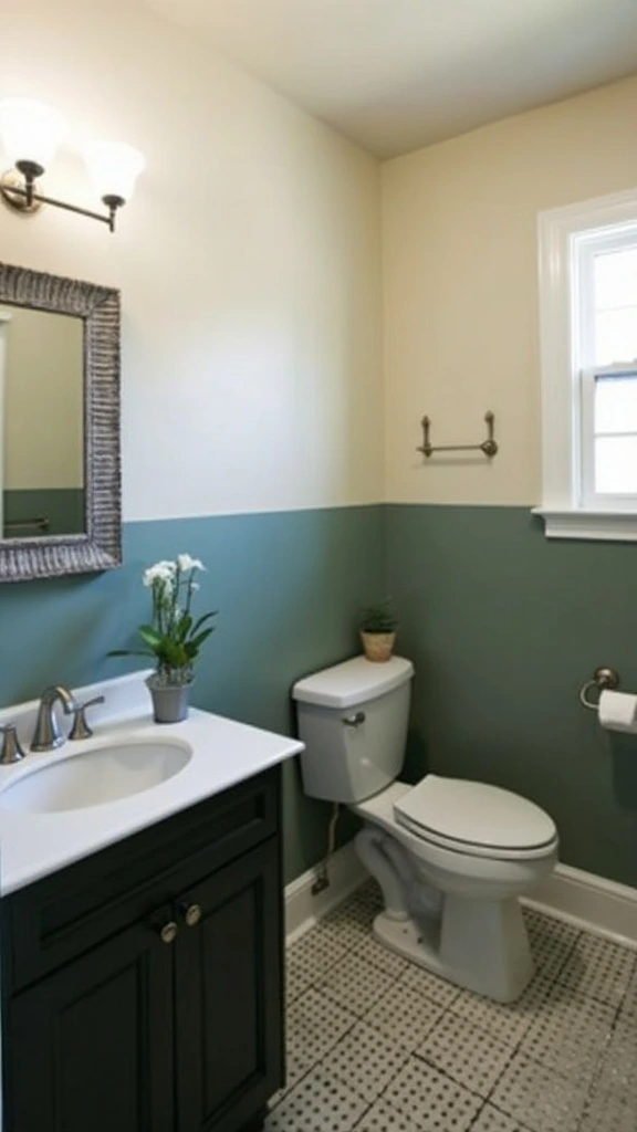 Two-tone bathroom walls, contrasting colors, modern design, visual interest, creative paint technique, depth perception, stylish look, bold color choice, dynamic space, unique decor