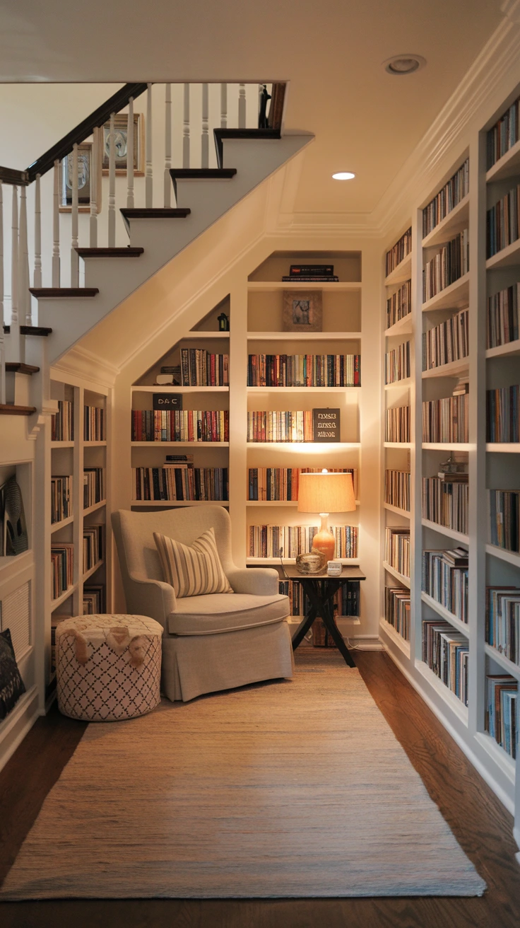 Under-stair bookshelf, space-saving storage, staircase design, creative nook, built-in shelving, cozy reading corner, efficient use of space, home library idea, hidden storage, architectural feature