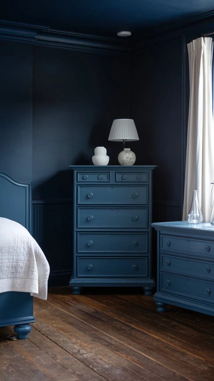 Painted furniture bedroom decor cohesive look deep royal blue antique bureau shiny hardware