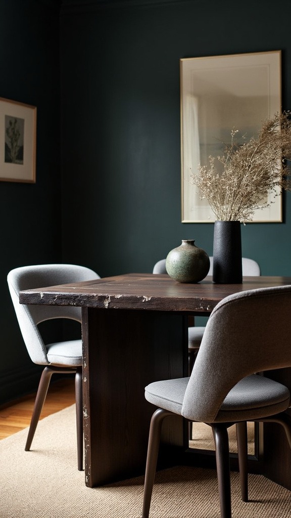 Dark wood dining table, walnut, mahogany, ebony, rich color, moody dining space, aged distressing, charming patina, focal point, rustic elegance