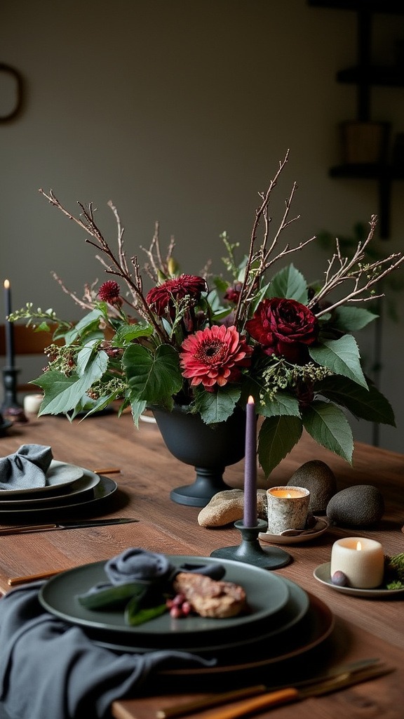 Dramatic floral centerpiece, dark hues, berries, amaranth, olive, branches, stones, tapers, layered depth, earthy charm