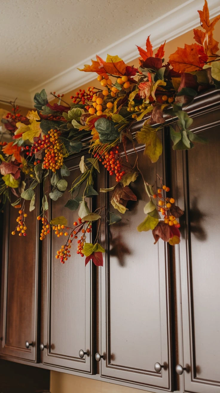 Artificial fall foliage, faux autumn leaves, silk flowers, low-maintenance decor, realistic greenery