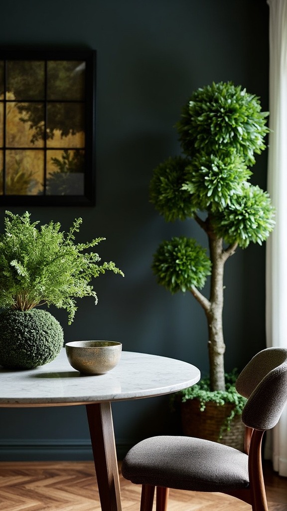 Moss accents, foliage, faux plants, preserved moss, dark planters, ficus trees, fern accents, organic elements, natural textures, habitat atmosphere