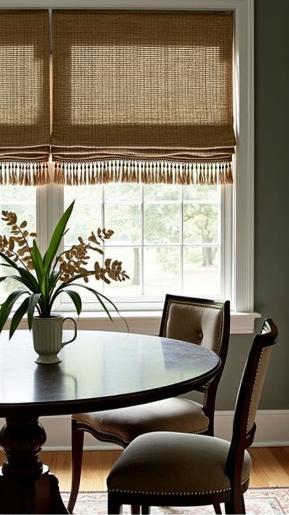 Tasselled window shades, raffia shades, woven texture, abaca rope, sisal, irregular textures, sunlight blocking, earthy interiors