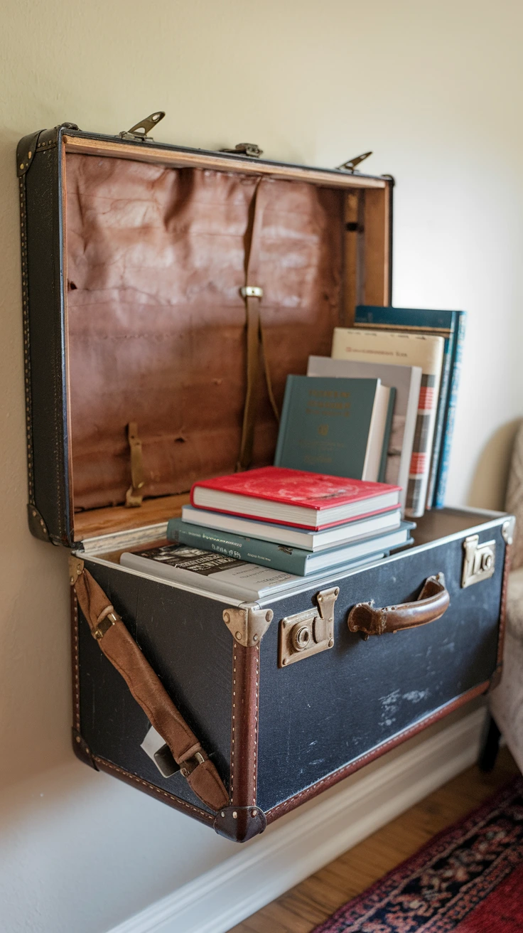 Vintage suitcase shelves, upcycled furniture, retro decor, travel-themed storage, quirky bookshelf, wall-mounted display, repurposed luggage, unique interior design, conversation piece, eclectic home decor