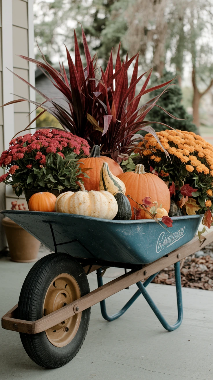 Vintage wheelbarrow planter fall display country charm nostalgia porch decor autumn plants pumpkins gourds outdoor decorating