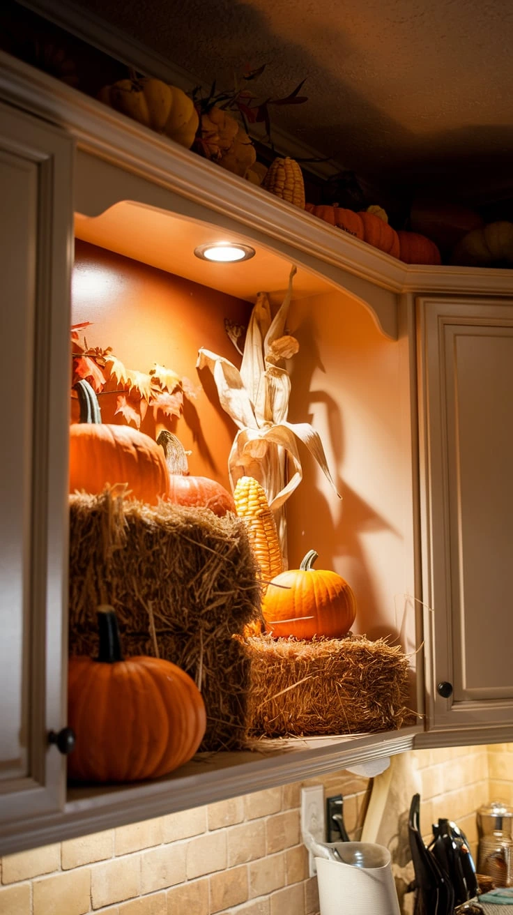 Cozy fall lighting in kitchen, fairy lights, candles, warm glow, ambient illumination, autumn atmosphere