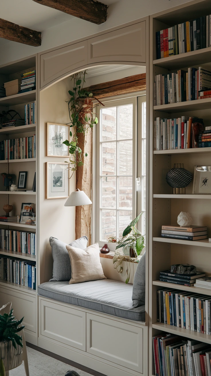 Window seat bookshelf, built-in reading nook, cozy corner, multifunctional furniture, space-saving design, window storage, comfortable seating, home library feature, natural light reading, architectural element