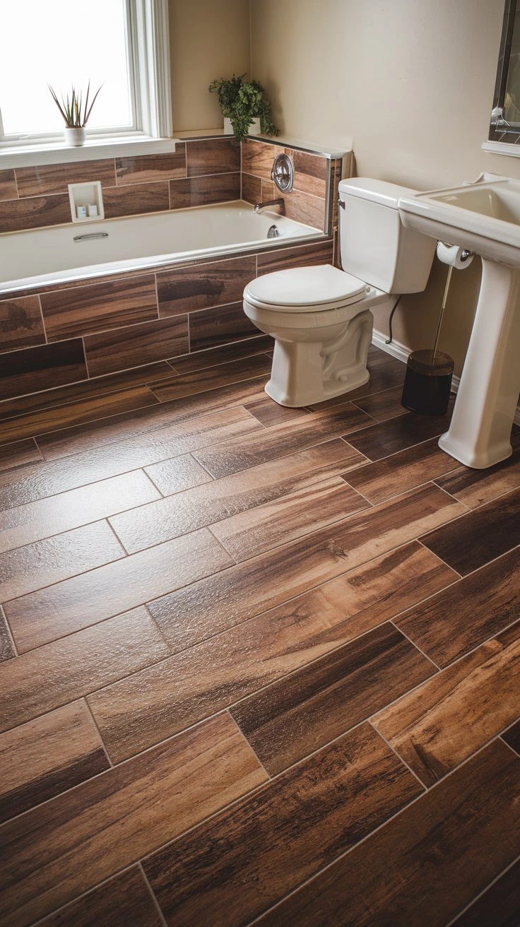 Wood-look tiles bathroom flooring, water-resistant, cozy aesthetic, slip-resistant, low maintenance, realistic textures, durable, versatile styles, easy cleaning, warm ambiance