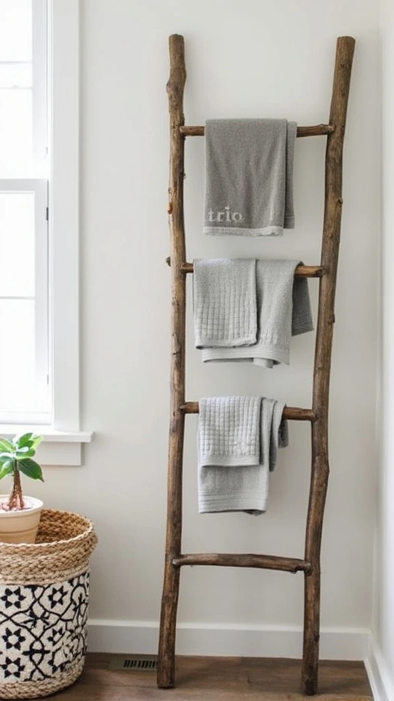 Wooden ladder towel rack, rustic bathroom storage, farmhouse decor, repurposed furniture, vintage charm, weathered wood, functional decor, boho style, space-saving, DIY