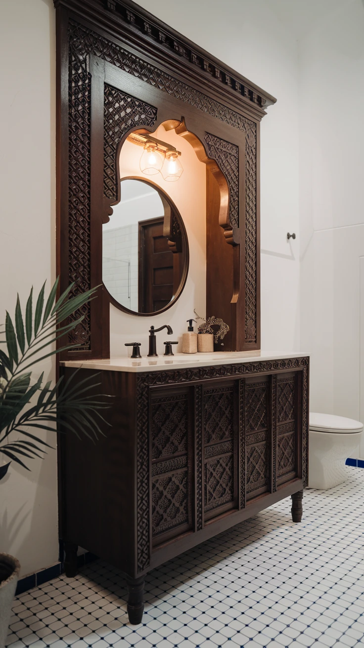 Wooden vanity, carved details, Moroccan furniture, bathroom storage, intricate woodwork, rustic elegance, warm tones, traditional craftsmanship, textured surfaces, natural materials