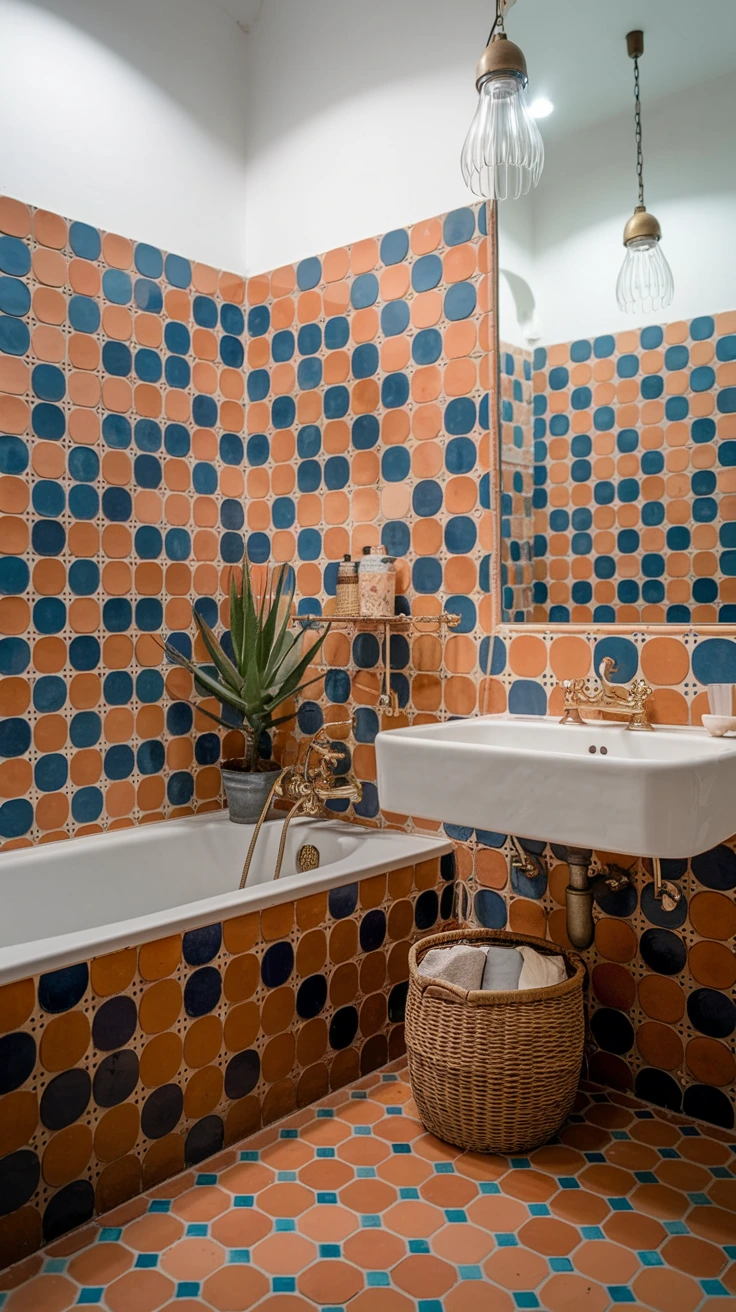 Zellige backsplash, colorful tiles, handmade ceramics, Moroccan wall, textured surface, iridescent finish, artisanal craft, bathroom feature, vibrant decor, traditional technique