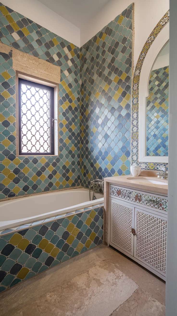 Zellige tiles, Moroccan bathroom, handmade tiles, colorful patterns, geometric designs, traditional craftsmanship, vibrant decor, wall tiles, backsplash ideas, exotic interiors