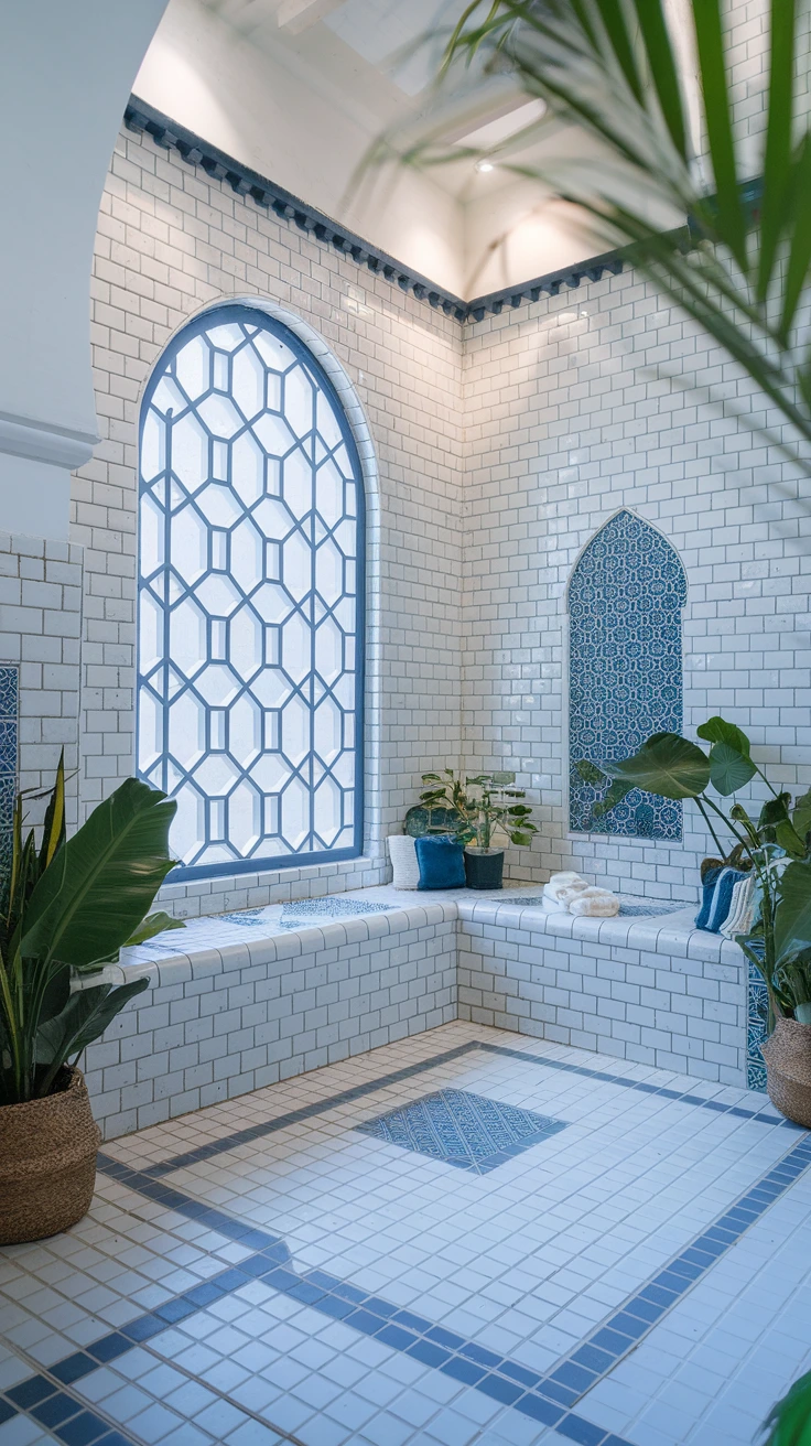 Hammam bench, built-in shower seat, Moroccan spa, tiled seating, bathroom comfort, traditional design, waterproof cushions, relaxation space, steam room feature, luxury bathroom