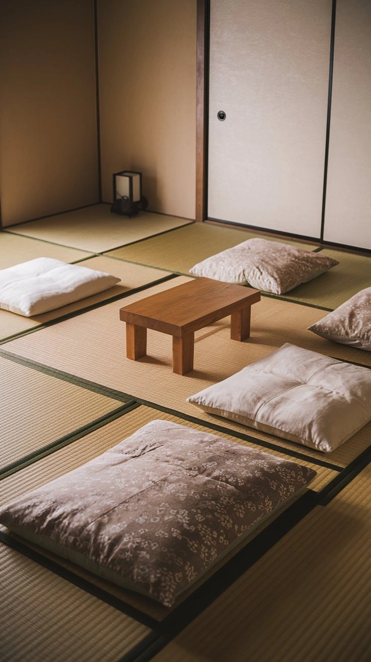 Minimalist Zen Living Room, tatami mats, zaisu cushions, low table, neutral tones, ikebana, art scroll, Japanese aesthetics, simplicity, tranquility