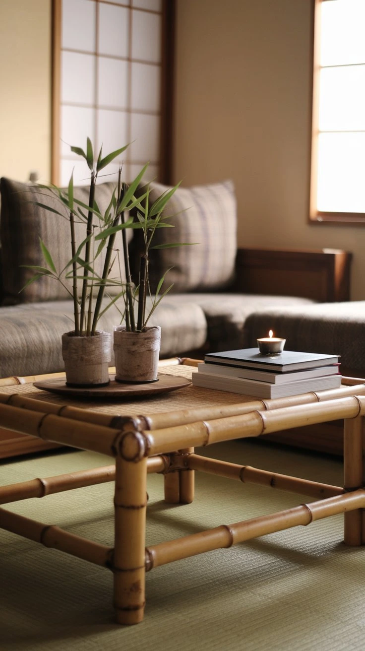 Low Coffee Table Styled With Bamboo, polished bamboo wood, rectangular table, potted plants, sanshui, tea light, sustainable material, organic quality, natural grain, eco-friendly furniture