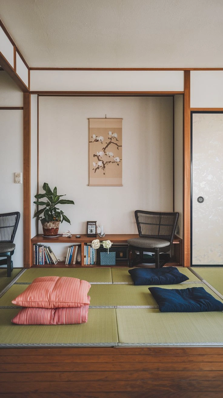 Tatami Mat Seating Nook, dedicated relaxation area, floor cushions, ottomans, low bookshelf, potted plants, bamboo blind, intimate conversation space, cozy corner, Japanese-style lounge