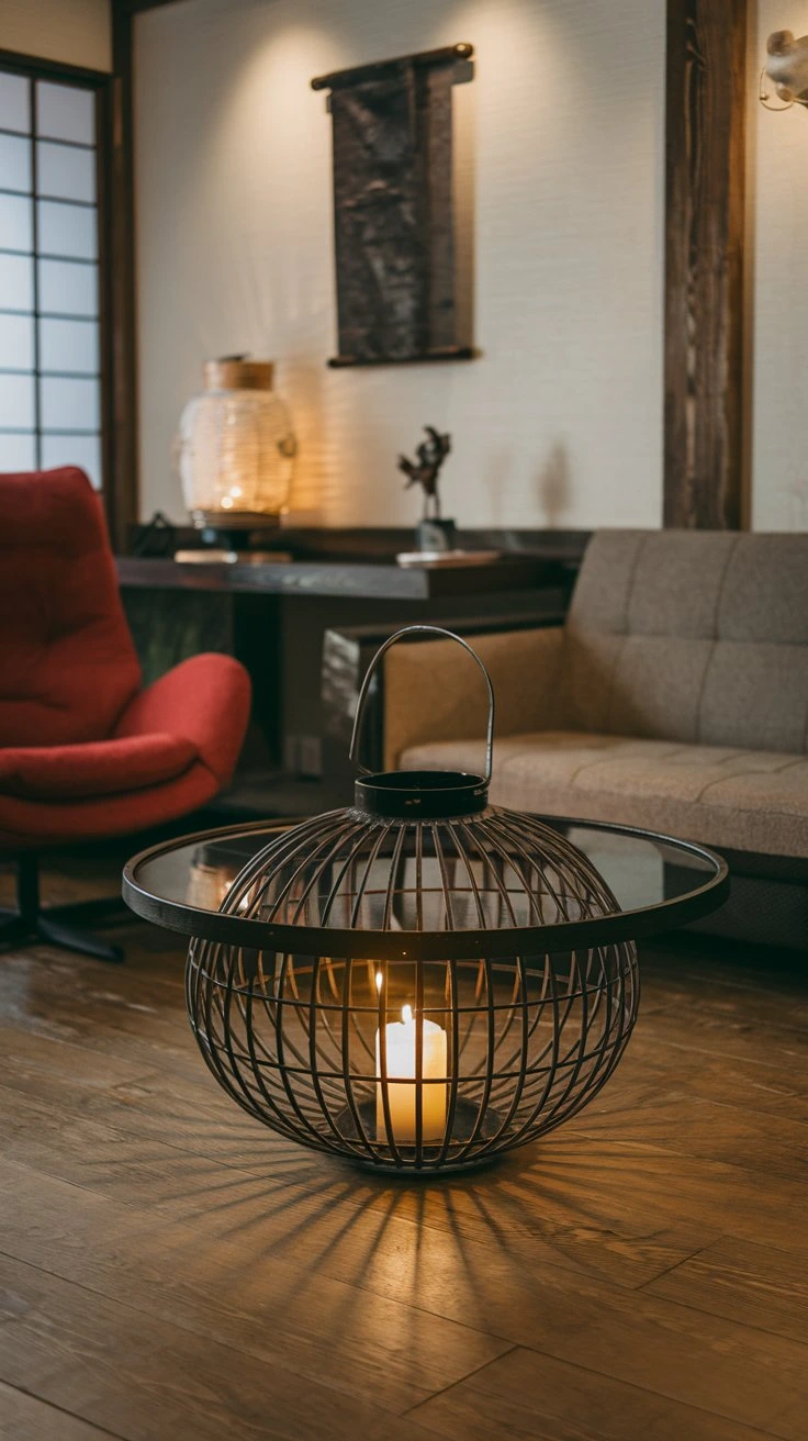 Andon Lantern Coffee Table Illumination, modern Japanese decor, metal andon base, glass top, candle glow, ambient lighting, functional art, unique coffee table, atmospheric piece