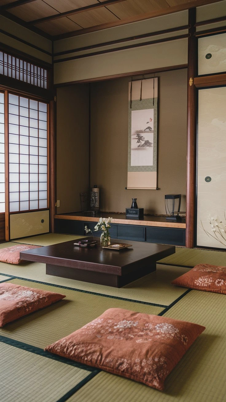 Low Platform Coffee Table, tokonoma-inspired, wooden platform, floor seating, versatile table, minimalist design, Japanese-style gathering, decorative objects, functional centerpiece