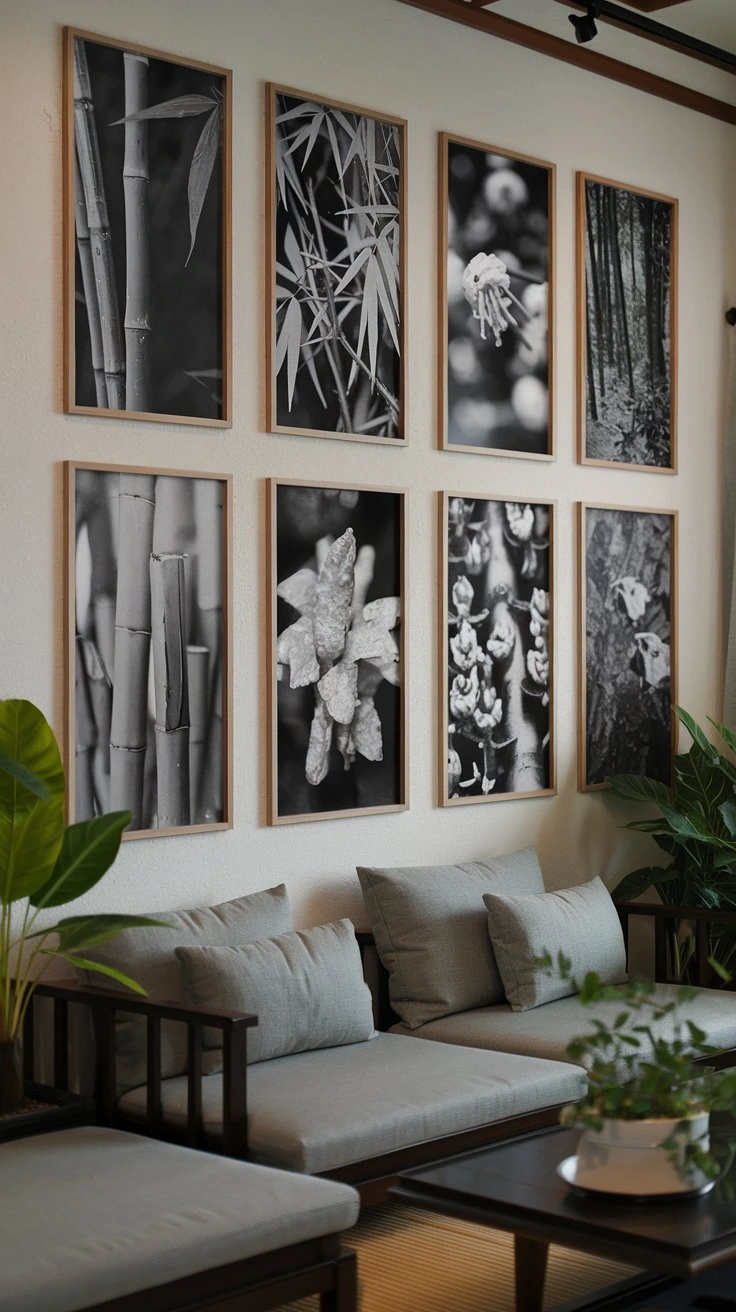 Nature Photo Gallery Wall, monochrome photos, bamboo prints, botanical close-ups, graphic display, wooden frames, grid formation, Japanese garden imagery, serene wall decor, visual escapism