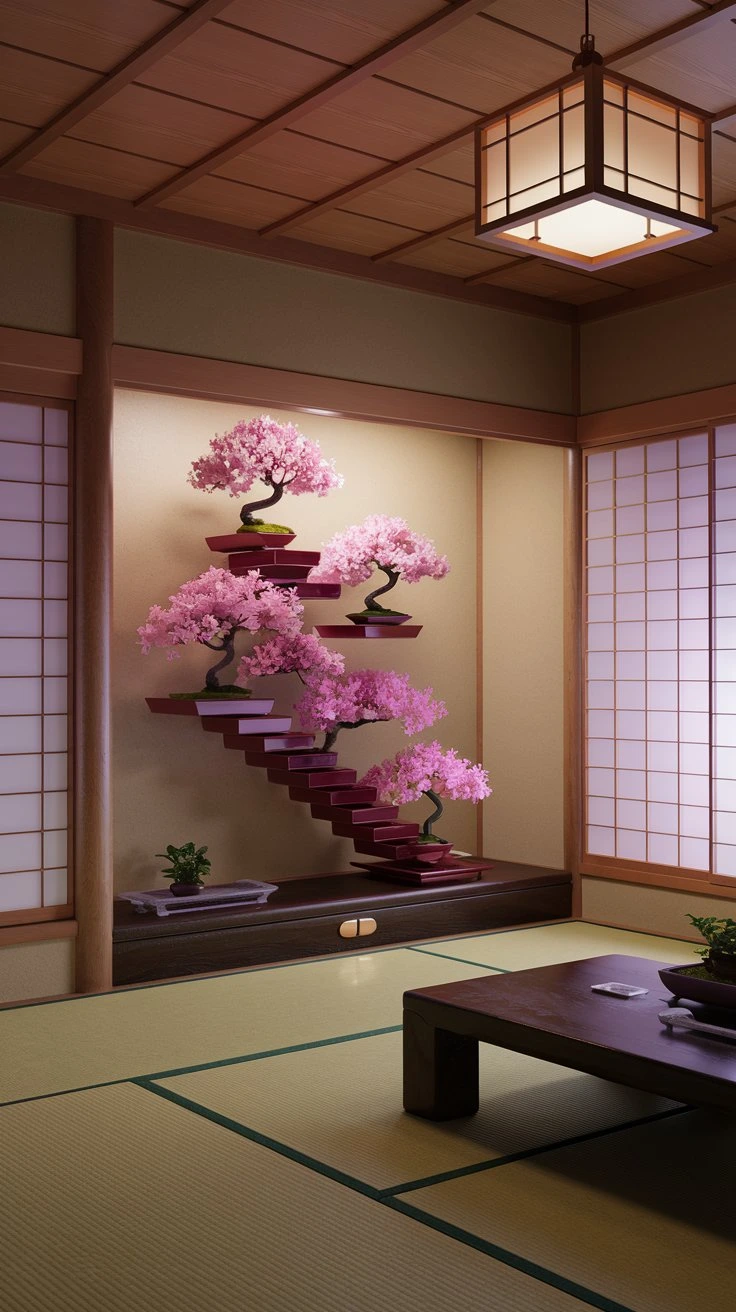 Blossom Bonsai Display Shelves, cherry blossom trees, graduated shelving, multi-tiered display, pink flowers, living centerpiece, Japanese art form, natural beauty, indoor garden, seasonal decor