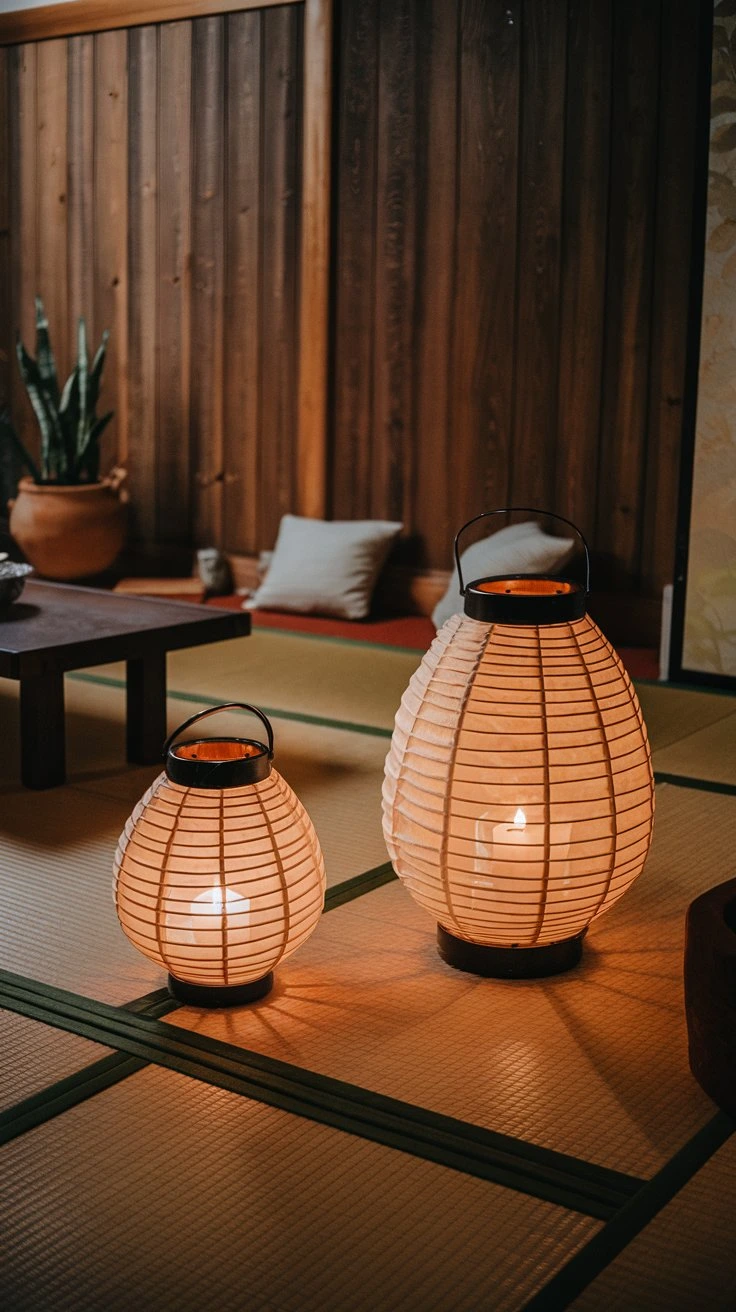 Andon Floor Lanterns, traditional Japanese lighting, paper lanterns, metal lanterns, ambient glow, candle-lit, atmospheric, focal point, multifunctional, decorative