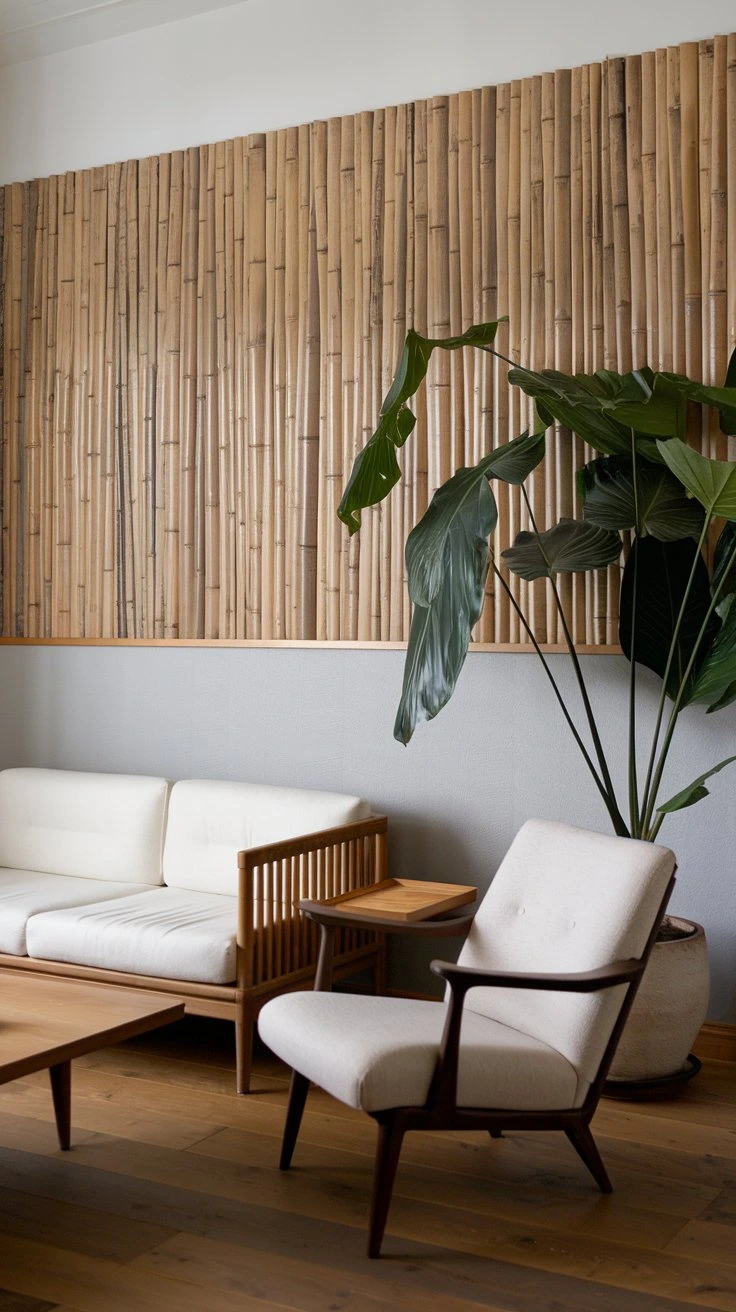 Custom Bamboo Wallcovering, bamboo-slat panels, chair rail level, lightweight material, natural textures, bamboo grove effect, Japanese-inspired walls, eco-friendly decor, organic ambiance