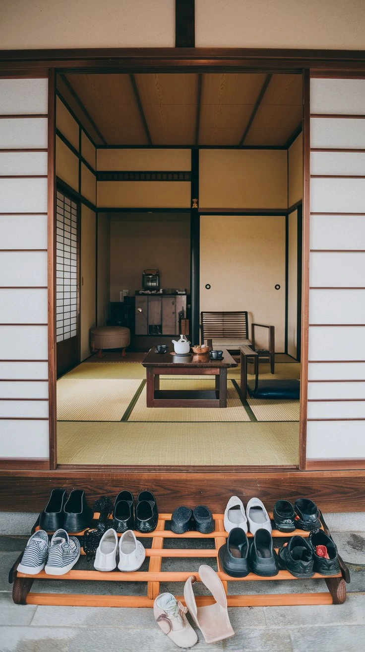 Shoes-Off Entryway, Japanese custom, organizing rack, slippers, tatami mat, padded runner, transitional space, cleanliness, respect, cultural practice