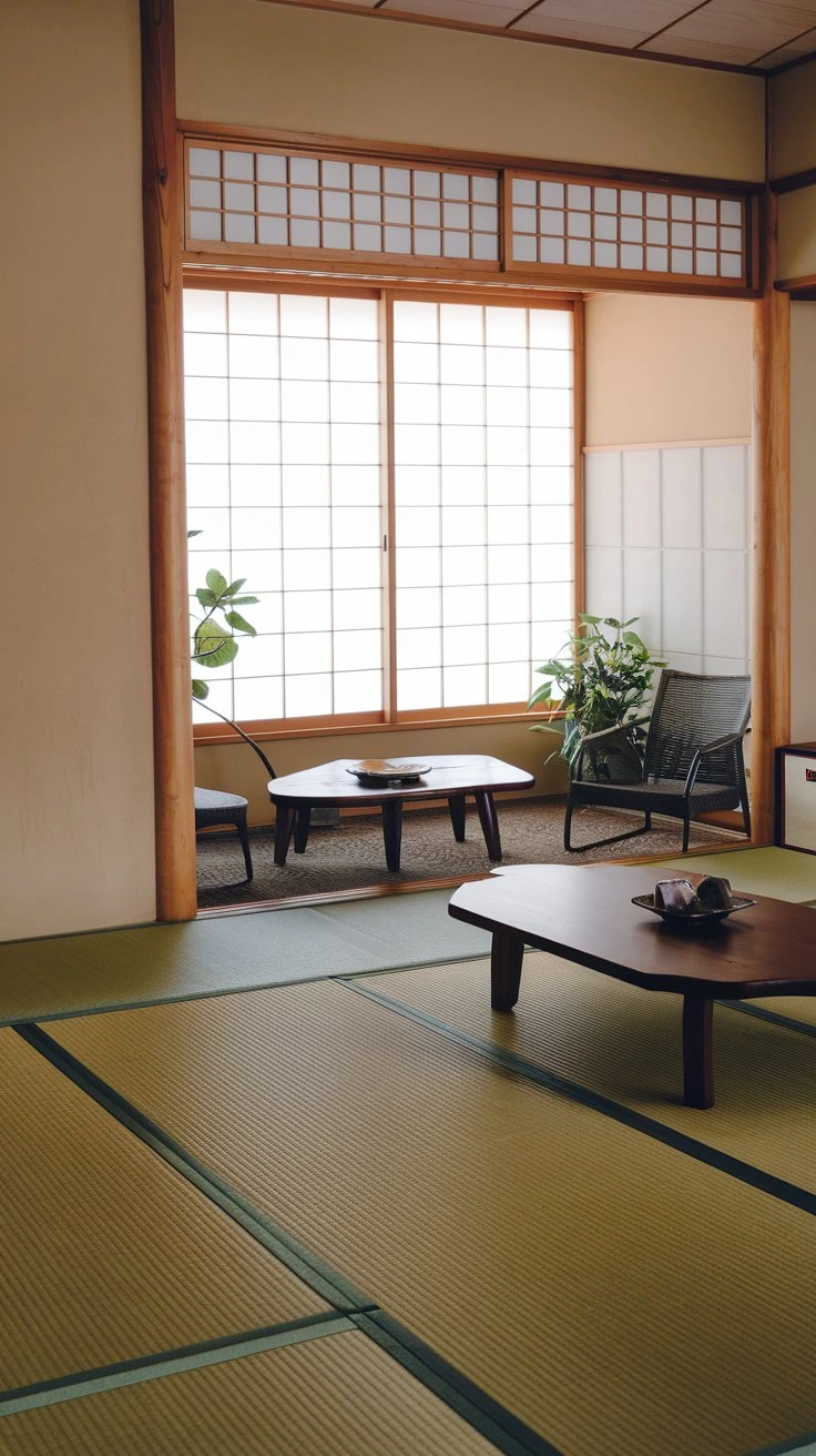 Tatami Mats Beneath Windows, natural light, meditative space, zaisu pillows, plant display, sun-warmed seating, window-lit area, relaxation spot, Japanese flooring, indoor-outdoor connection