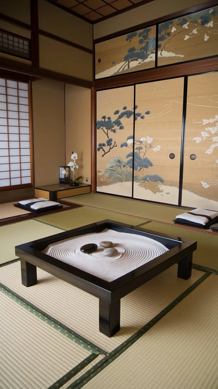 Zen Garden Coffee Table, mini rock garden, glass-top table, raked sand, smooth stones, Japanese garden replica, mindfulness decor, tranquil centerpiece, meditative focal point, nature-inspired design