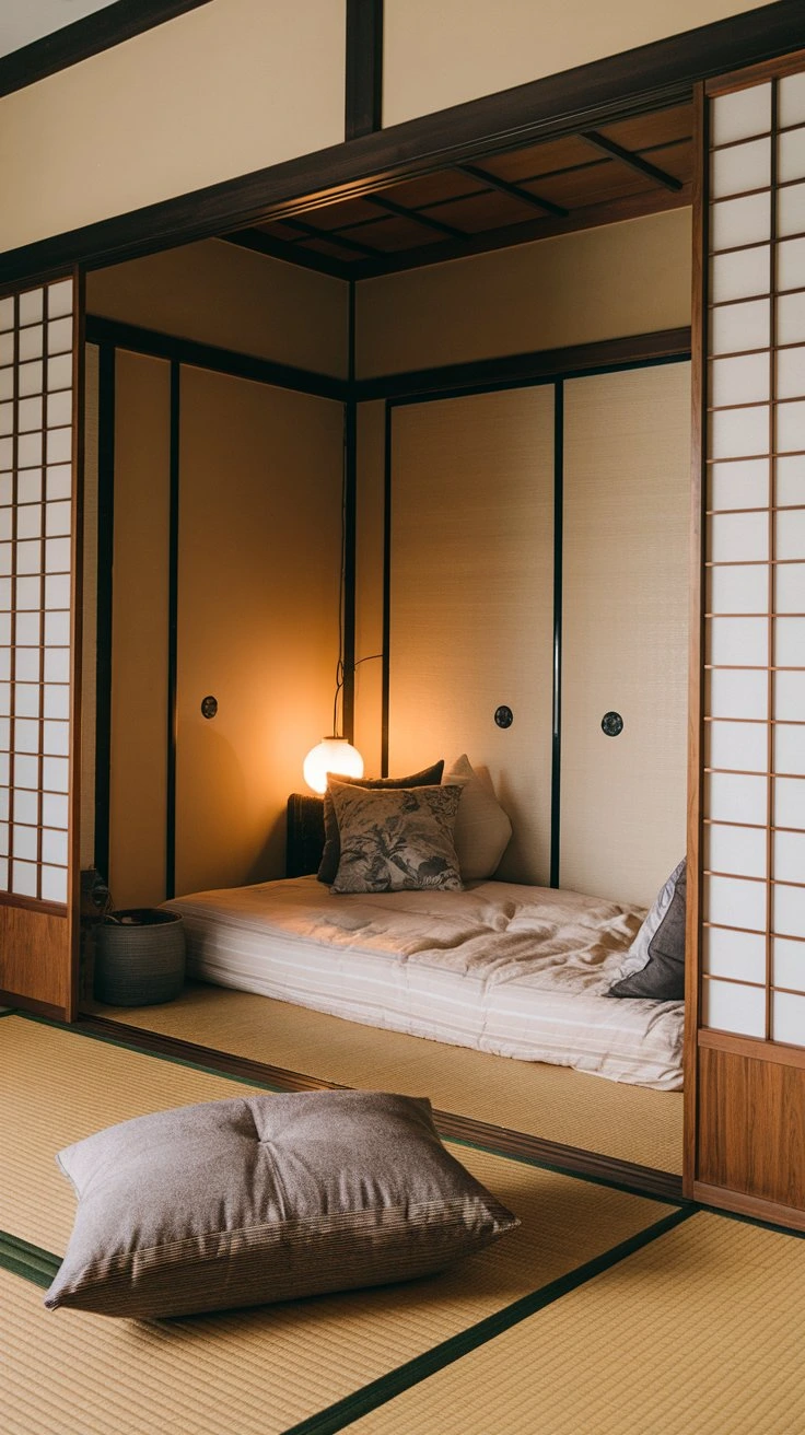 Tatami Bedroom Nook, sectioned-off corner, daybed frame, zaisu pillows, ottoman, soft lighting, guest bedroom, yoga space, reading nook, versatile Japanese-style area