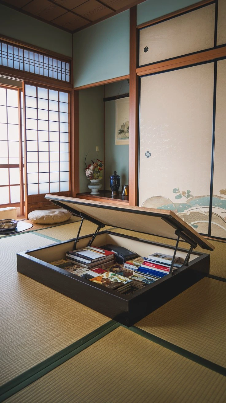 Benches With Storage Below, built-in seating, lift-top storage, platform benches, hidden storage, multifunctional furniture, space-saving design, Japanese-inspired seating, practical decor