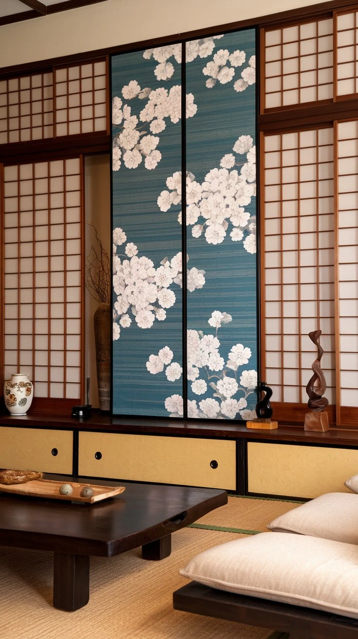 Shoji Screen Accent Wall, partial room divider, sliding screens, floor-to-ceiling, framed panels, visual privacy, zen altar backdrop, display shelves, Japanese interior, subtle partition