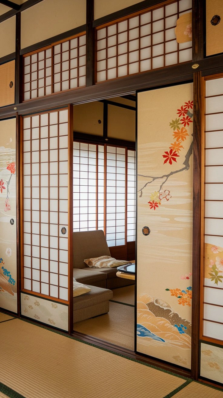 Fusuma Sliding Door Accents, traditional partition, wooden frames, rice paper designs, seasonal decor, air flow, Japanese room divider, customizable panels, architectural detail