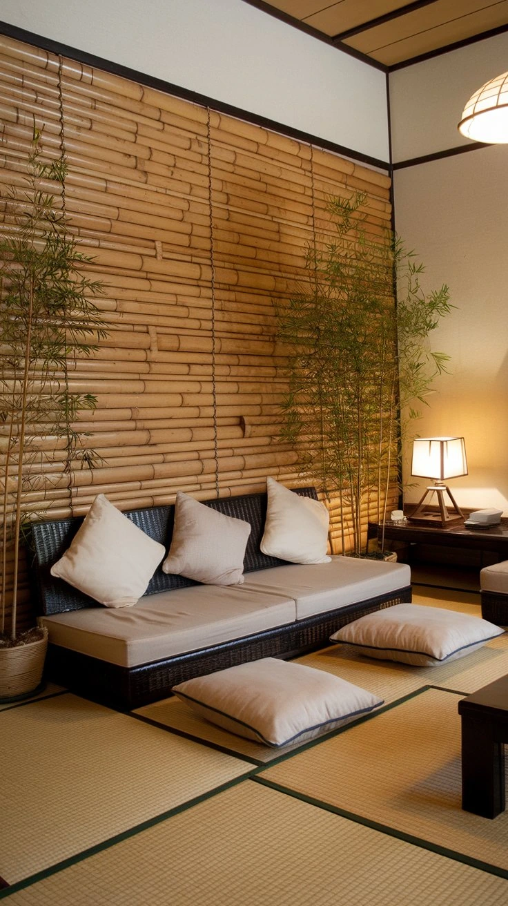 Bamboo Plantation Wall, horizontal bamboo slats, grid formation, natural bamboo, serene illusion, bamboo thicket, eco-friendly, textured wall, organic decor, biophilic design