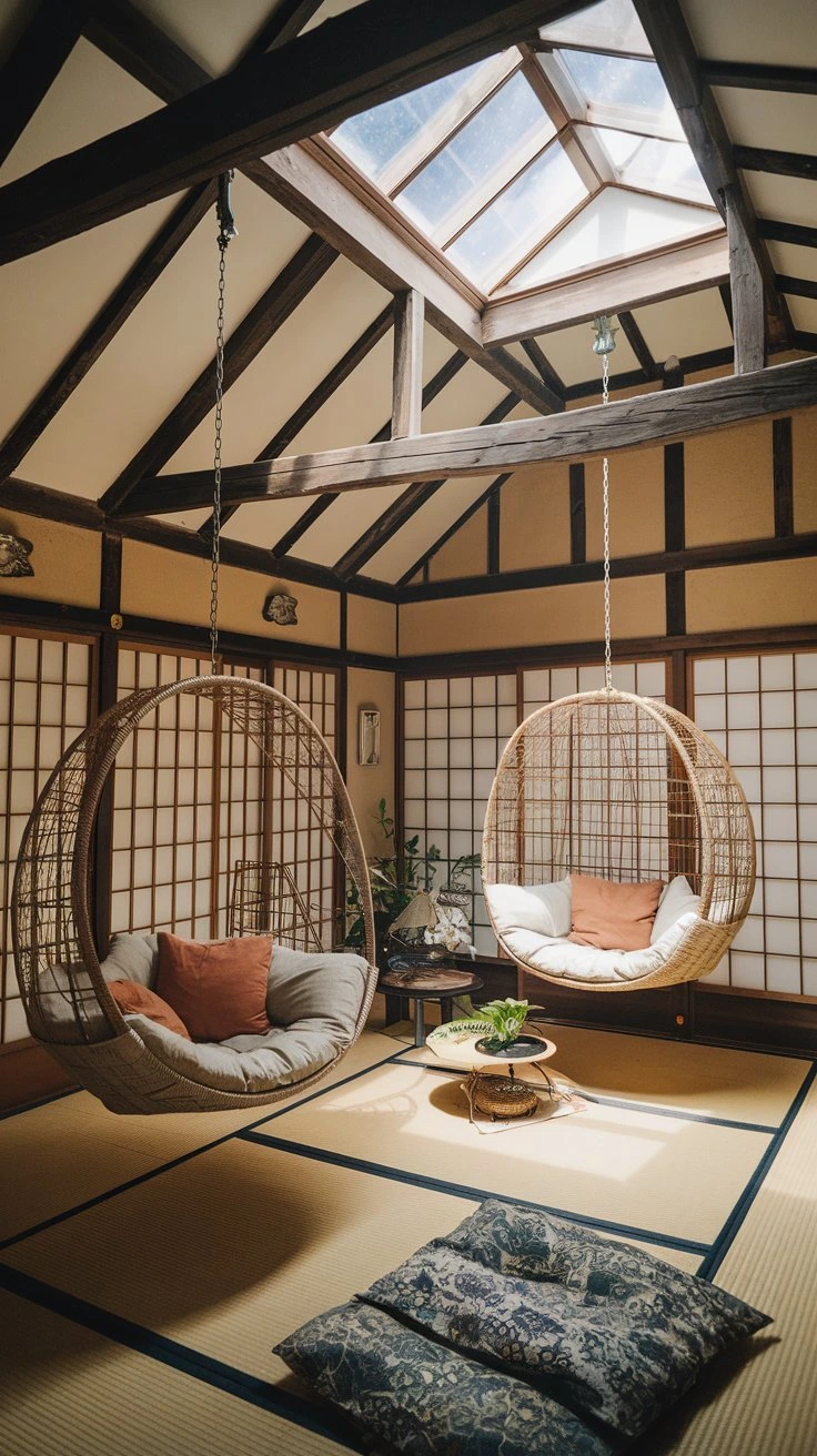 Hanging Moon Viewing Loungers, fabric pouches, woven metal frames, ceiling beams, cozy cushions, reclining comfort, skylights, stargazing, indoor-outdoor feel, Japanese-inspired relaxation