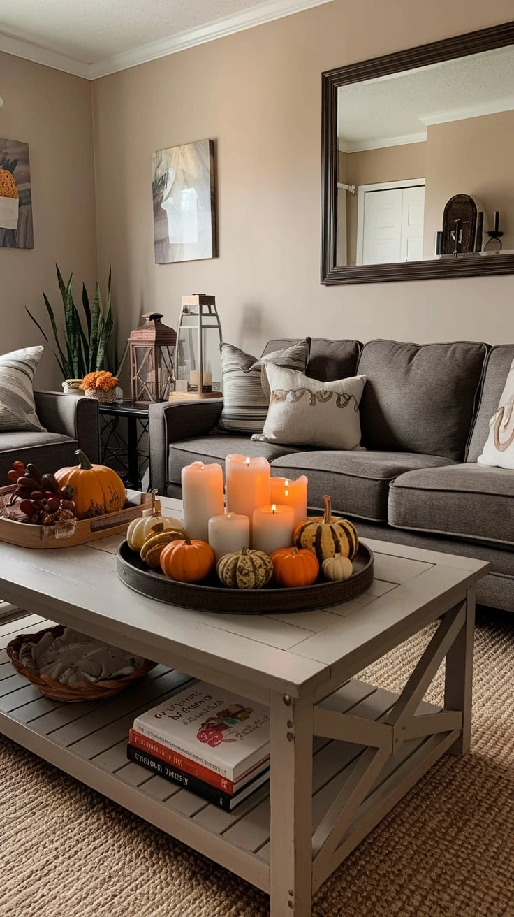 Grey couch with styled coffee table, fall decor, seasonal accessories, autumn vignette, decorative objects, cozy ambiance, living room centerpiece, warm colors, inviting space, rustic touches