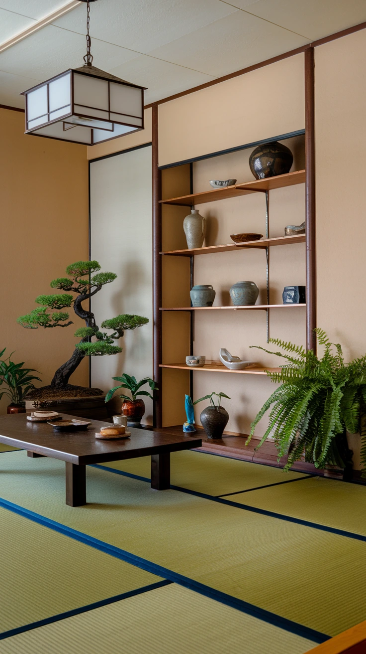 Indoor plants, bonsai trees, Japanese garden elements, natural decor, zen atmosphere, biophilic design, green accents, serene ambiance, living elements, nature-inspired interiors