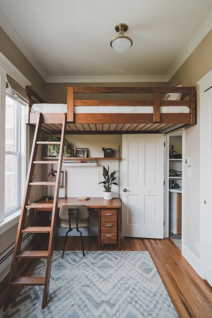 Adult loft bed, space-saving, vertical storage, compact living, modern design, efficiency, urban dwelling, small apartment, multifunctional furniture, minimalist