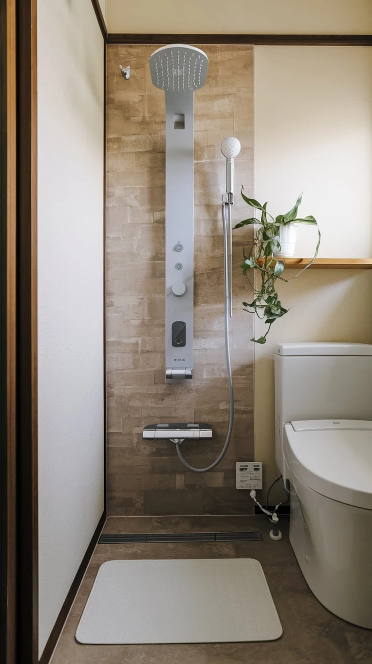 Shower panel system, compact design, multiple functions, Japanese bathroom, space-saving, modern