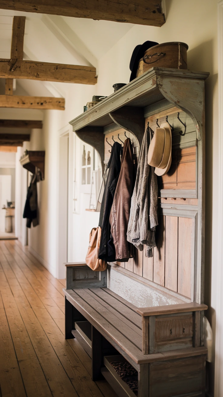 Vintage coat hooks, rustic wall-mounted rack, farmhouse entryway storage, antique door knobs