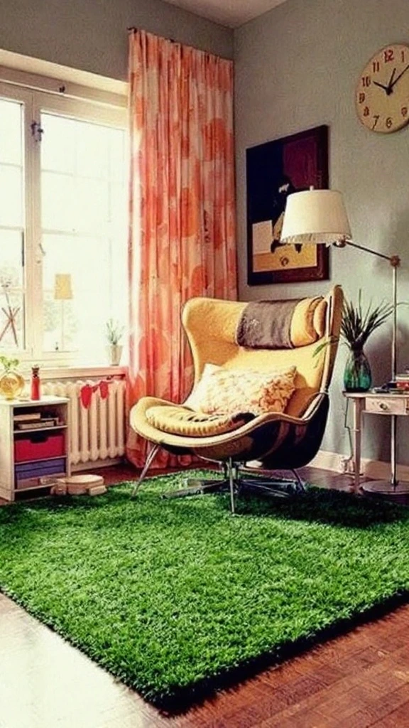 Astroturf rug, artificial grass carpet, 70s floor covering, quirky decor, green flooring, retro interior, unique texture, vintage inspired, fun bedroom accent, easy-clean rug