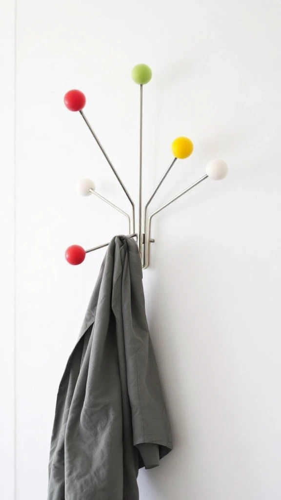 Atomic coat rack, mid-century modern hooks, colorful balls, retro wall decor, functional art, hallway organization, space age design, vintage style, playful accent, entryway storage