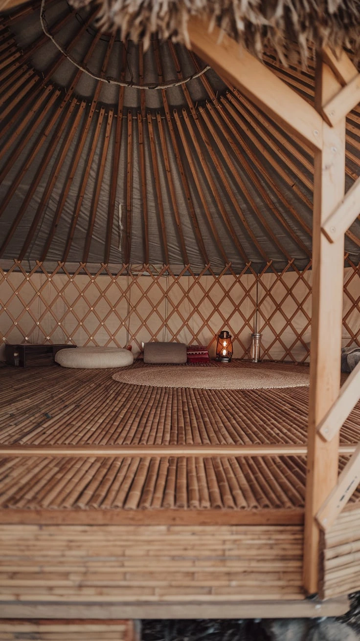 Bamboo flooring in yurt, sustainable, eco-friendly, durable, natural, renewable, low-maintenance, warm aesthetic, easy installation, wear-resistant