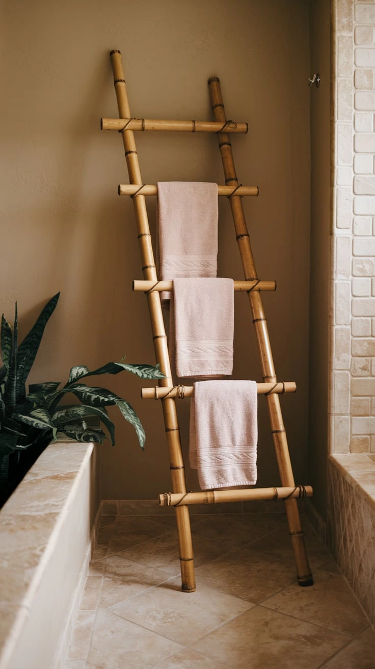 Bamboo ladder towel rack, natural bathroom decor, eco-friendly storage, rustic spa aesthetic, vertical space saver, minimalist design, sustainable bathroom accessory, tropical bath vibes, organic textures, zen-inspired decor