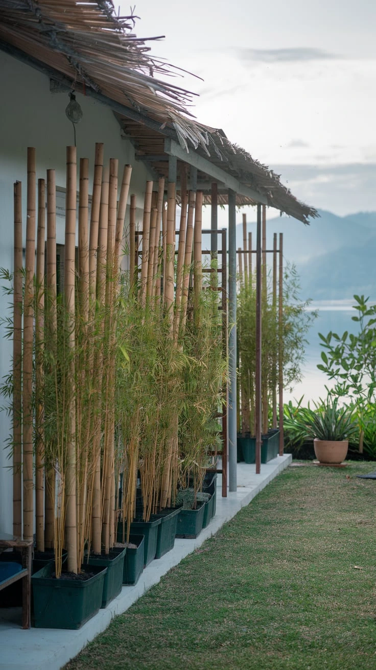 Bamboo plants, natural screen, privacy solution, container bamboo, green barrier, oriental garden element, fast-growing plants, outdoor room divider, zen garden feature, tropical accent