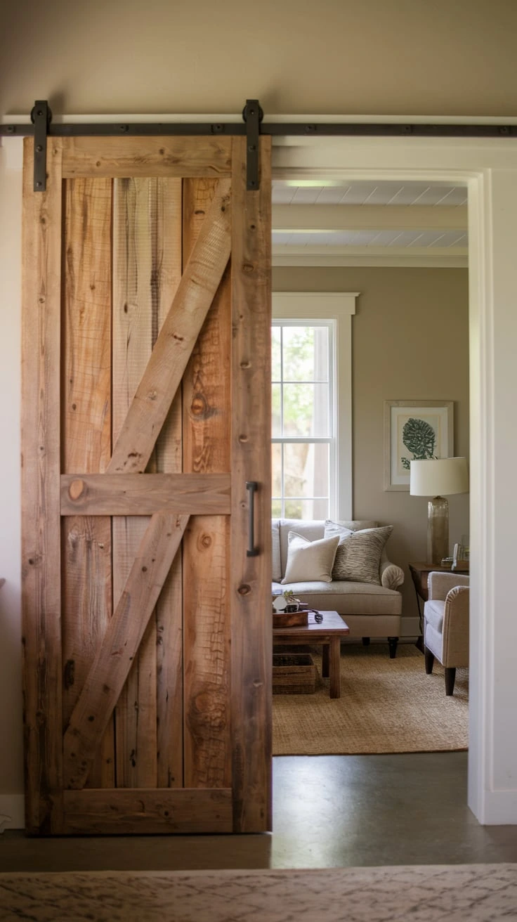 Sliding barn door, rustic wood, farmhouse style, interior design, space-saving solution