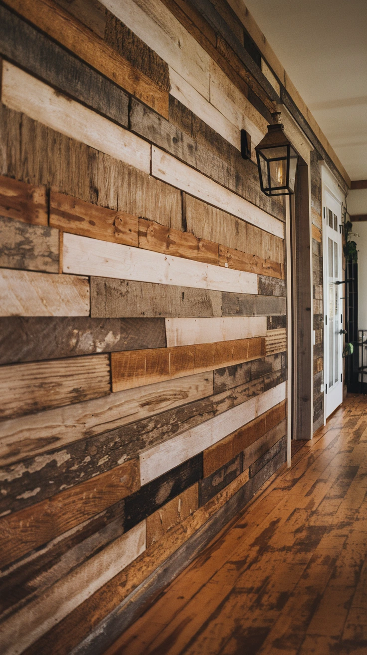 Reclaimed barn wood wall, rustic accent feature, textured hallway design, farmhouse charm