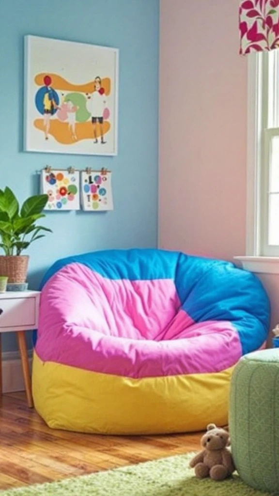 Bean bag chair, retro seating, casual furniture, 70s style, comfy lounger, colorful seat, vintage room decor, relaxed vibe, groovy chair, flexible seating